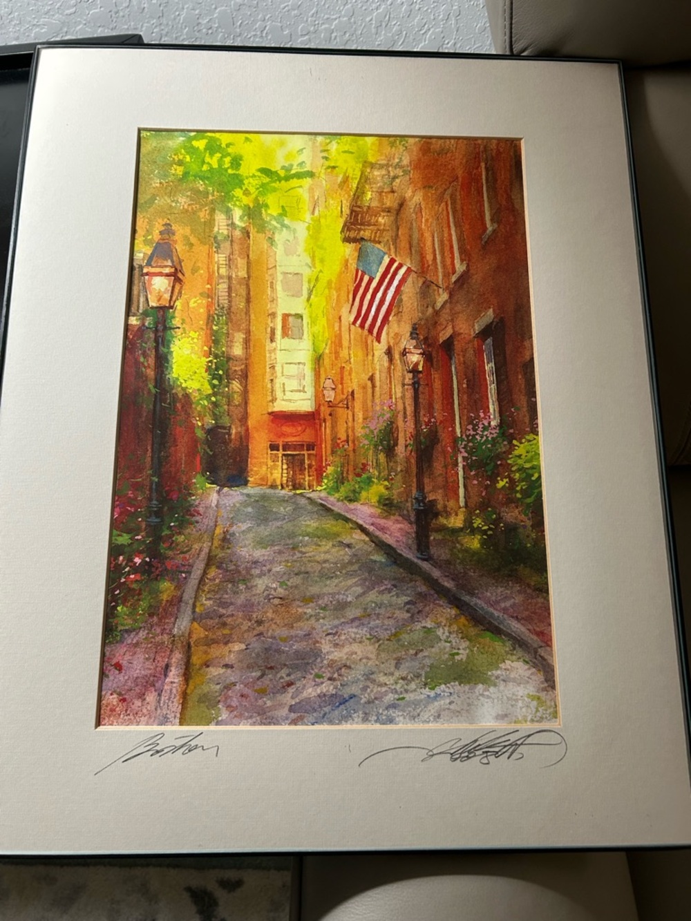 Charlie Wang signed print ‘Boston Alleyway Street Art Print in Warm Autumn Tones
